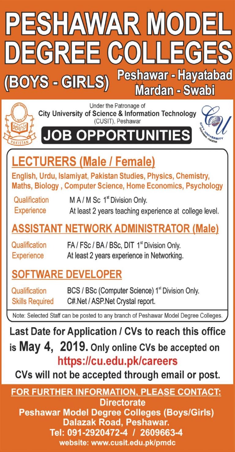 Peshawar Model Degree Colleges Jobs 2019 for IT & Teaching Staff