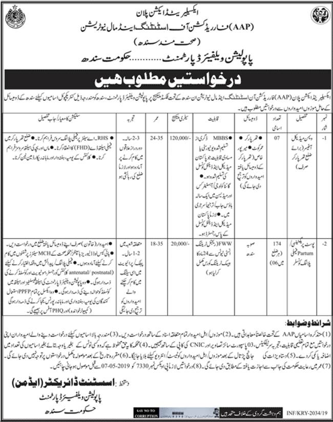 Population Welfare Department Sindh Jobs 2019 for 181+ Family Planning Counselors and Women Medical Officers