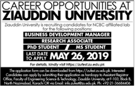 Ziauddin University Jobs 2019 for Business Development Manager, Research Associate and MS/PhD Students