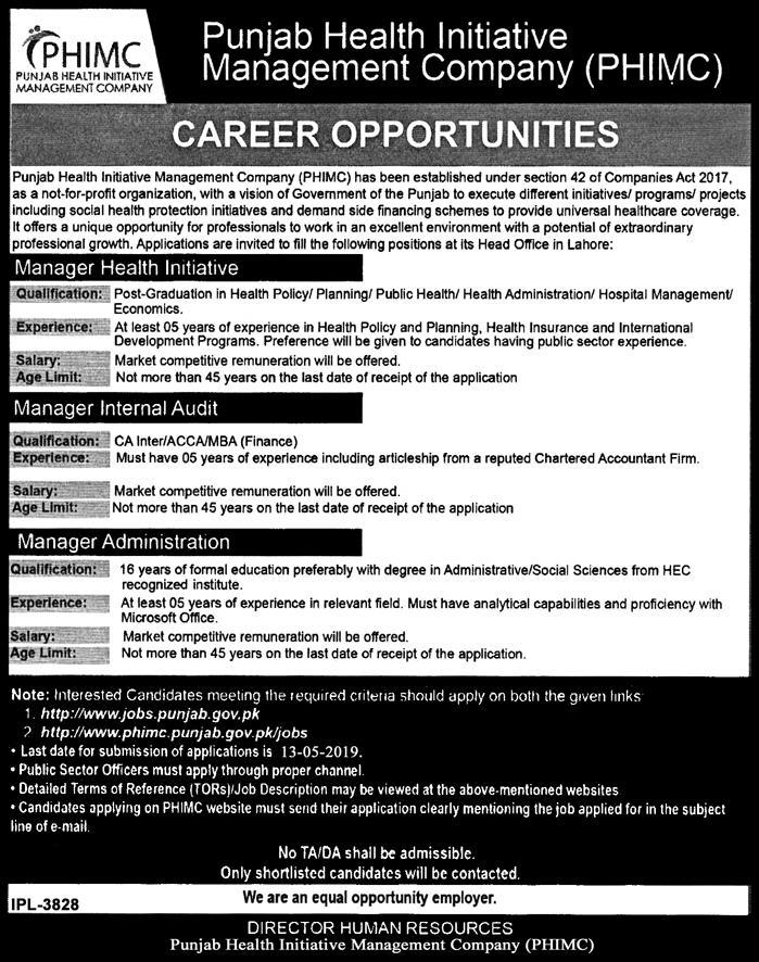 Punjab Health Initiative Management Company (PHIMC) Jobs 2019 for Admin, Internal Audit and Health Initiative Managers