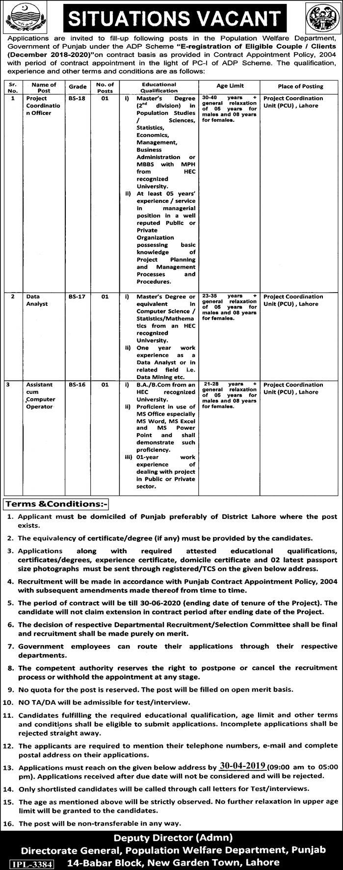 Population Welfare Department Punjab Jobs 2019 for Assistant / Computer Operator, Data Analyst and Project Coordinator Posts
