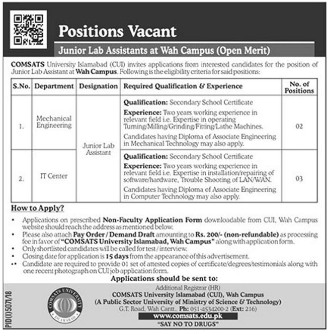 COMSATS University (Wah Campus) Jobs 2019 for 5+ Jr Lab Assistants (IT / Engineering)