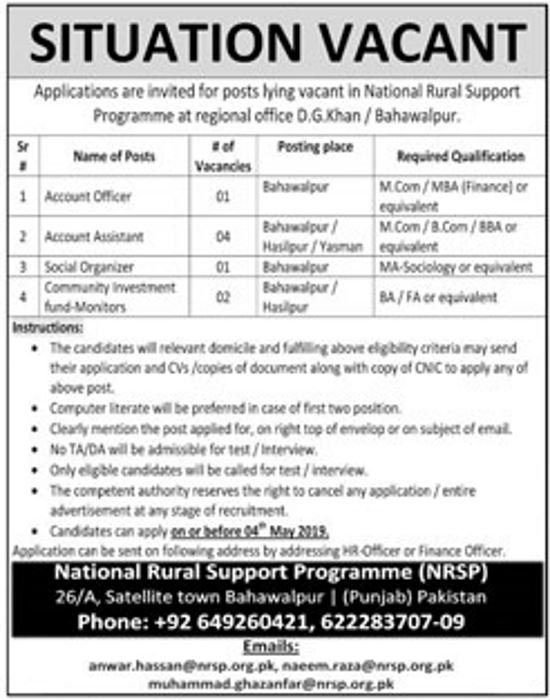 NRSP Jobs 2019 for 8+ Accounts, Social Organizers and Fund Monitors