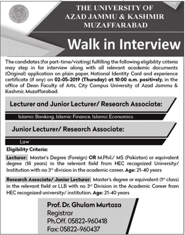University AJK Jobs 2019 for Research / Teaching Faculty Posts (Walk-in Interviews)