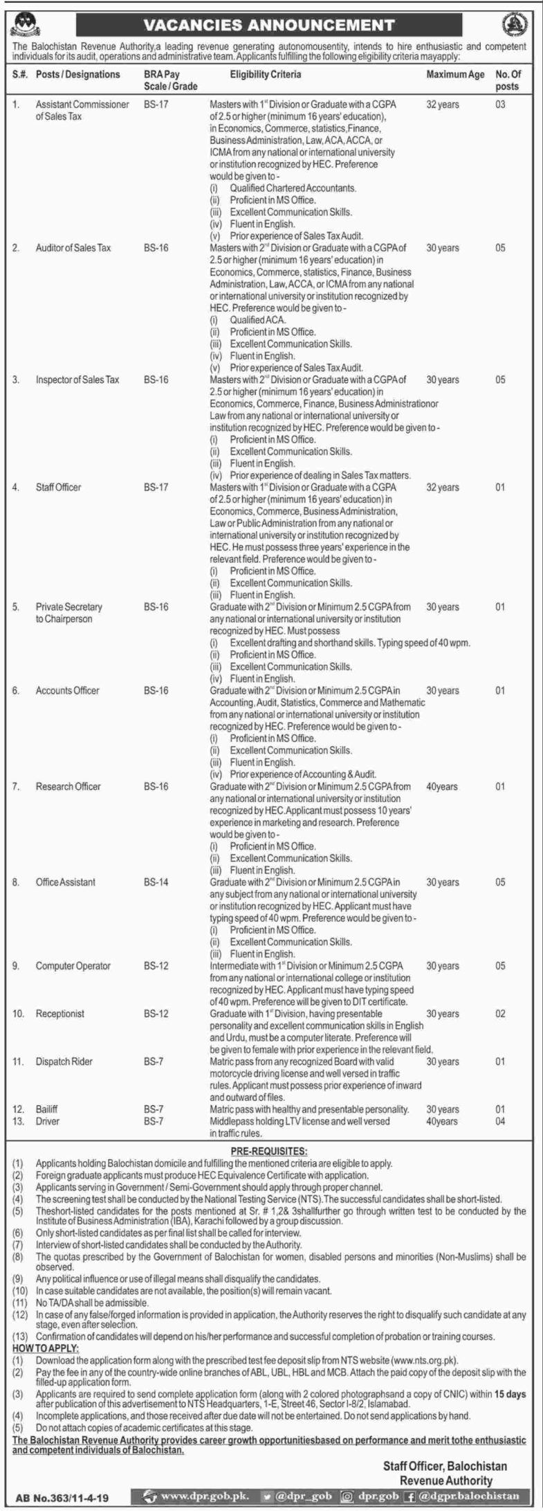 Balochistan Revenue Authority Jobs 2019 for 35+ Assistant Commissioners, Auditors, Inspectors, Accounts, Admin, IT & Other Staff (Download NTS Form)