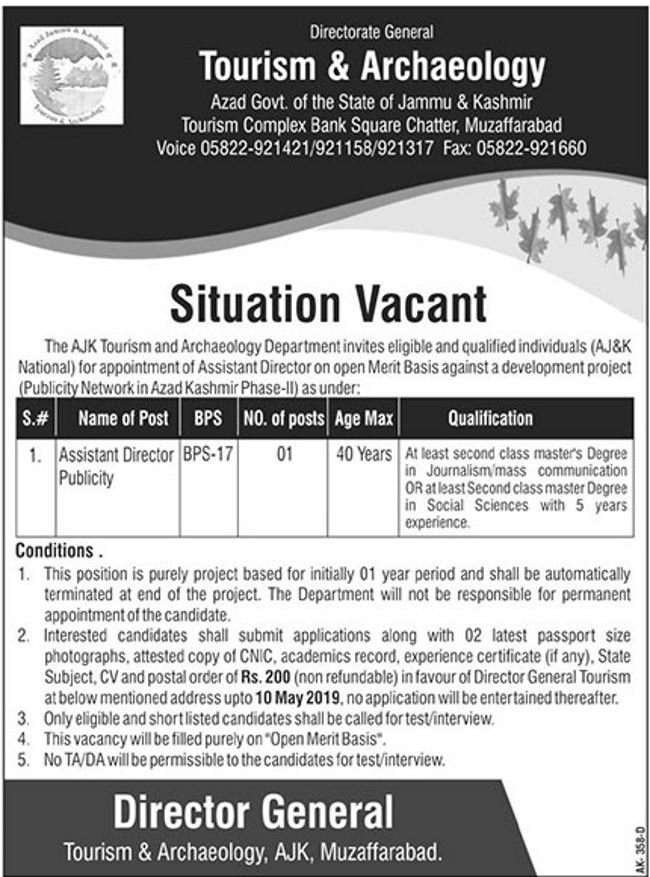 Tourism & Archaeology Department AJK Jobs 2019 for Assistant Director Publicity