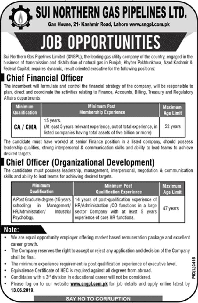 SNGPL Jobs 2019 for CFO, CO / Management Posts
