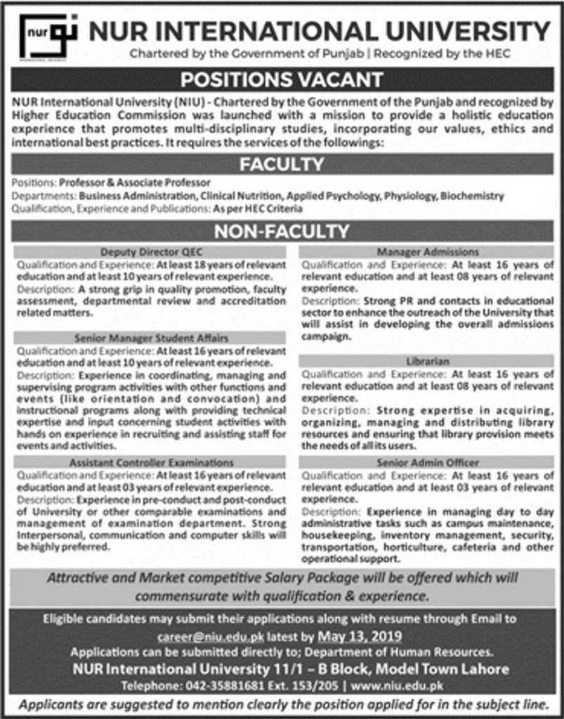 NUR International University Jobs 2019 for Teaching & Non-Teaching Staff