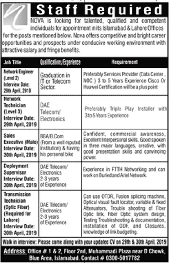 NOVA Telecom Jobs 2019 for Telecom, IT, DAE & Sales Positions (Walk-in Interviews)