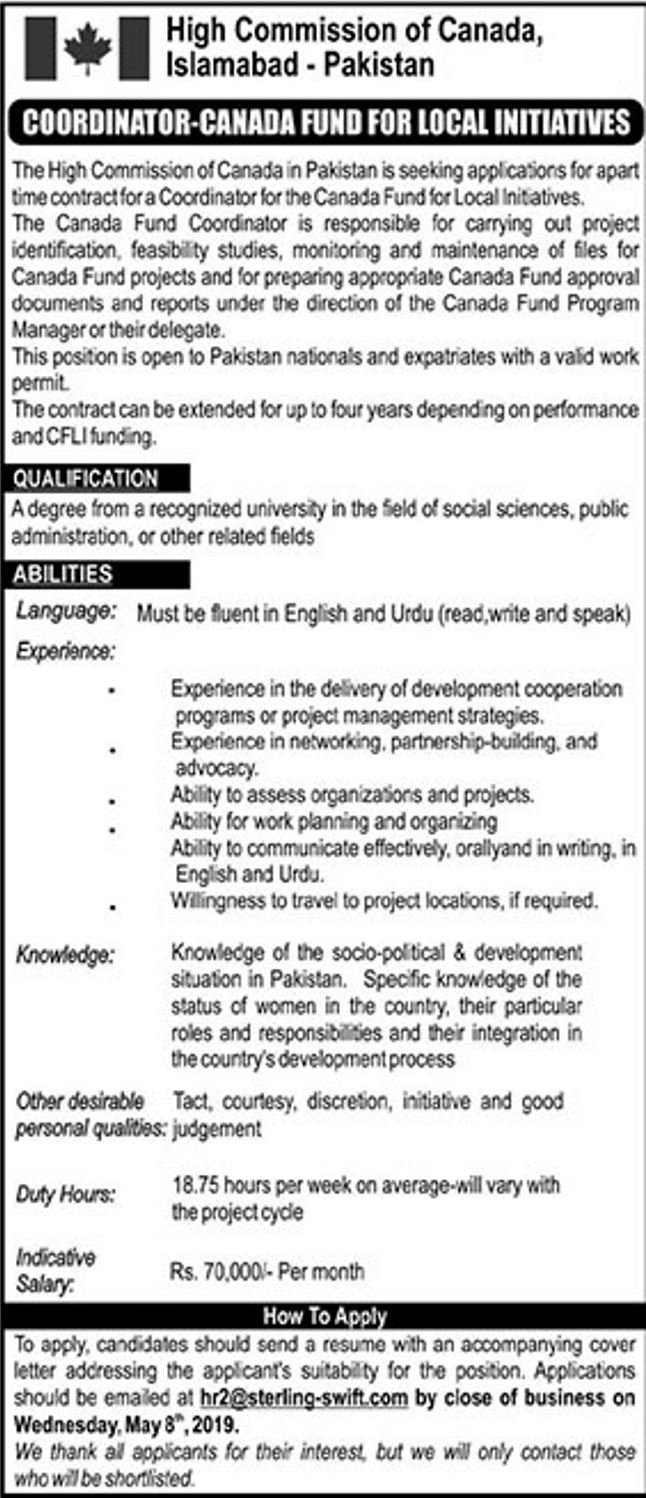 High Commission of Canada Islamabad Jobs 2019 for Graduate / Coordinator