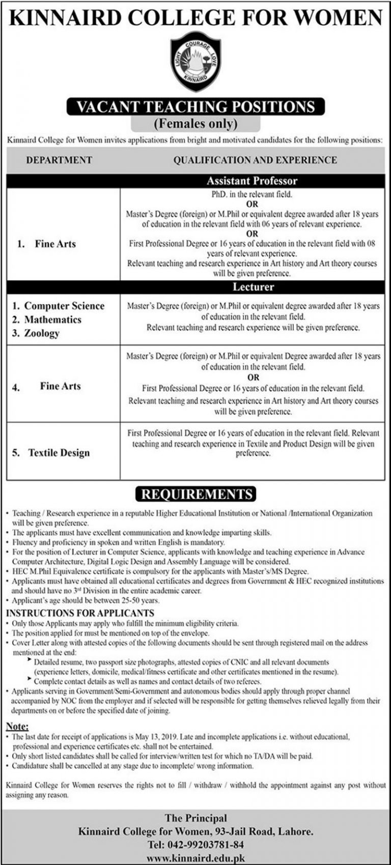 Kinnaird College for Women Jobs 2019 for Teaching (Female)