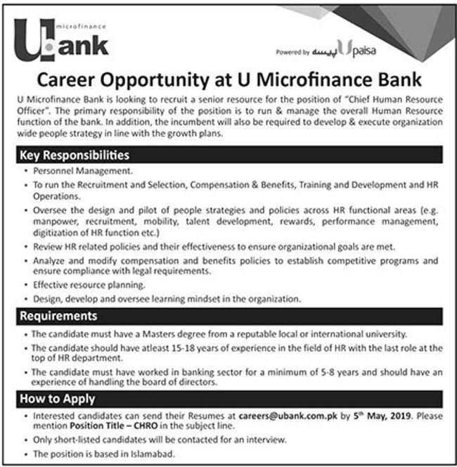 U Microfinance Bank Jobs 2019 for Chief HR Officer