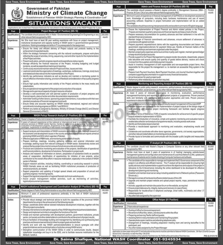 Ministry of Climate Change Pakistan Jobs 2019 for Admin, Finance, IT, Project Manager, WASH, Analysts and Office Help Staff