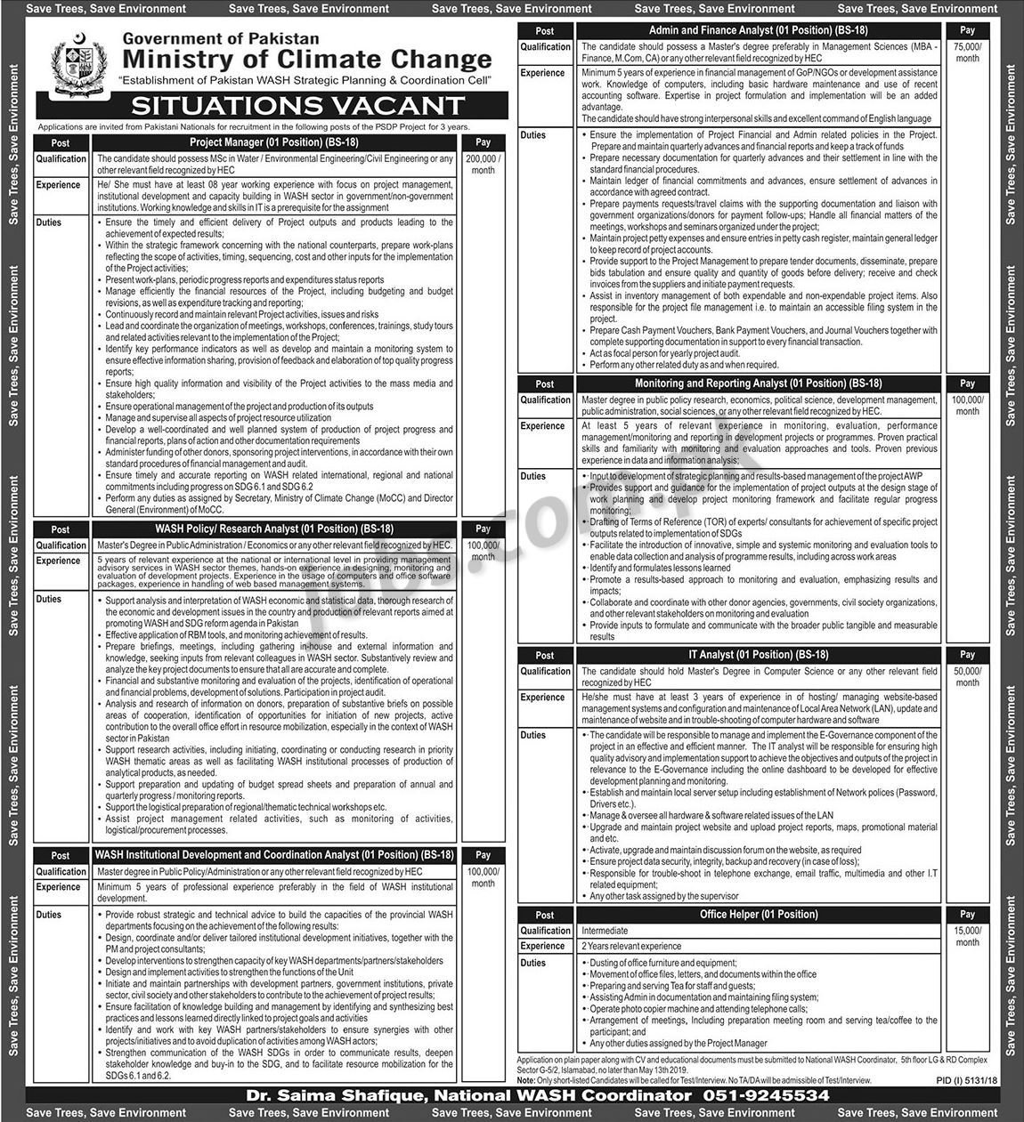 Ministry of Climate Change Pakistan Jobs 2019 for Admin, Finance, IT, Project Manager, WASH, Analysts and Office Help Staff