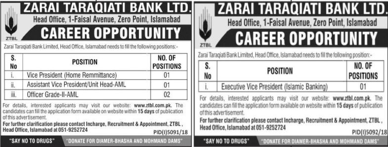 ZTBL Bank Jobs 2019 for Officer Grade-II, Vice Presidents and Assistant/Executive Vice Presidents