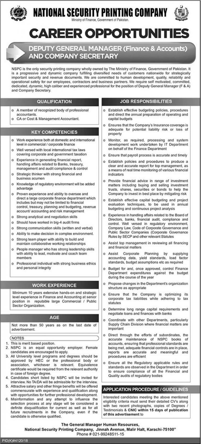 National Security Printing Company (NSPC) Jobs 2019 for Deputy General Manager / Finance & Accounts and Company Secretary
