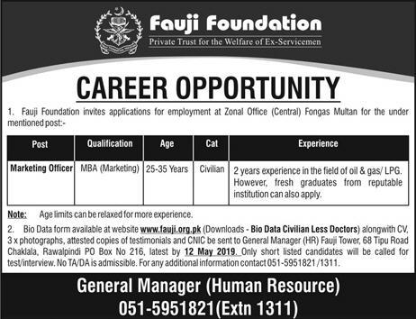Fauji Foundation Jobs 2019 for Marketing Officer