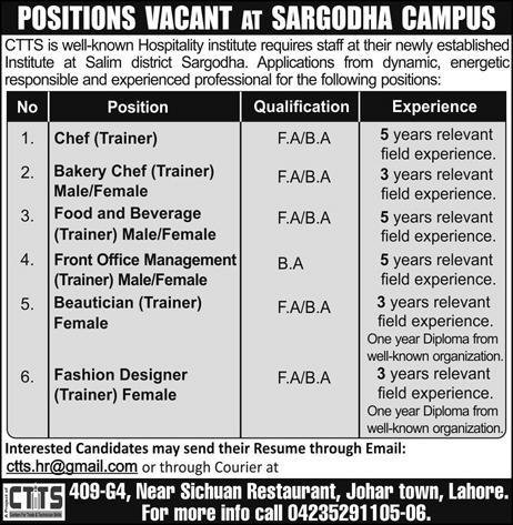 CTTS Hospitality Institute Jobs 2019 for Office Staff, Trainers and Cooking Staff