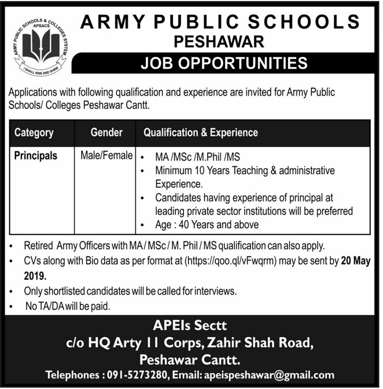 Army Public Schools/Colleges Peshawar Jobs 2019 for Principals Posts
