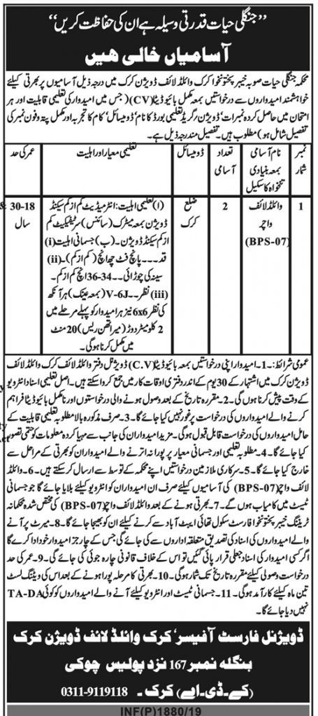 Wildlife Department KPK Jobs 2019 for Wildlife Watchers (Karak)