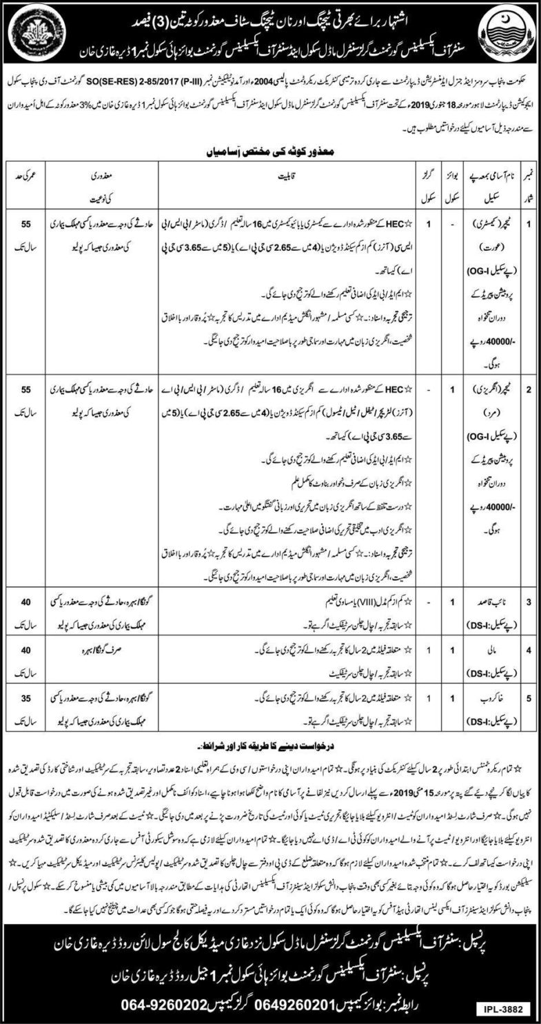 Center Of Excellence Govt School (Girls/Boys) DG Khan Jobs 2019 for Teaching & Non-Teaching Staff (Disable Quota)