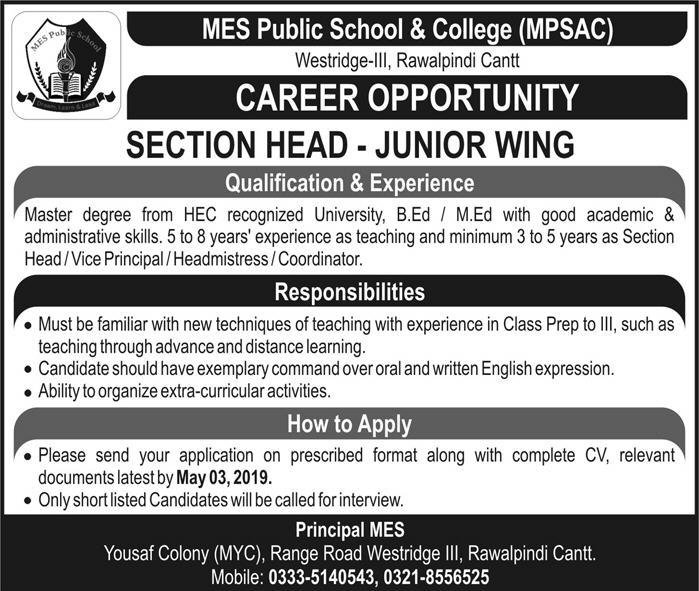 MES Public School & College Rawalpindi Jobs 2019 for Section Head