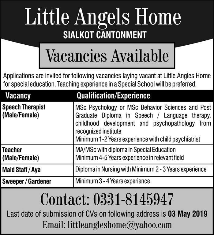 Little Angels Home Sialkot Jobs 2019 for Teachers, Speech Therapist and Support Staff