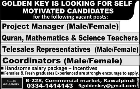 Golden Key Rawalpindi Jobs 2019 for Project Manager, Teachers, Telesales Reps and Coordinators