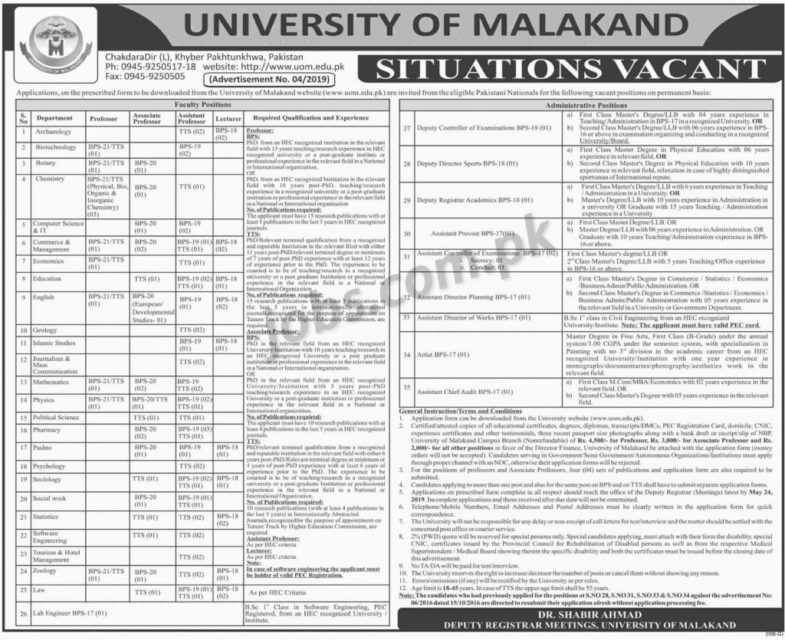 University of Malakand Jobs 2019 for Teaching Faculty & Administrative Staff