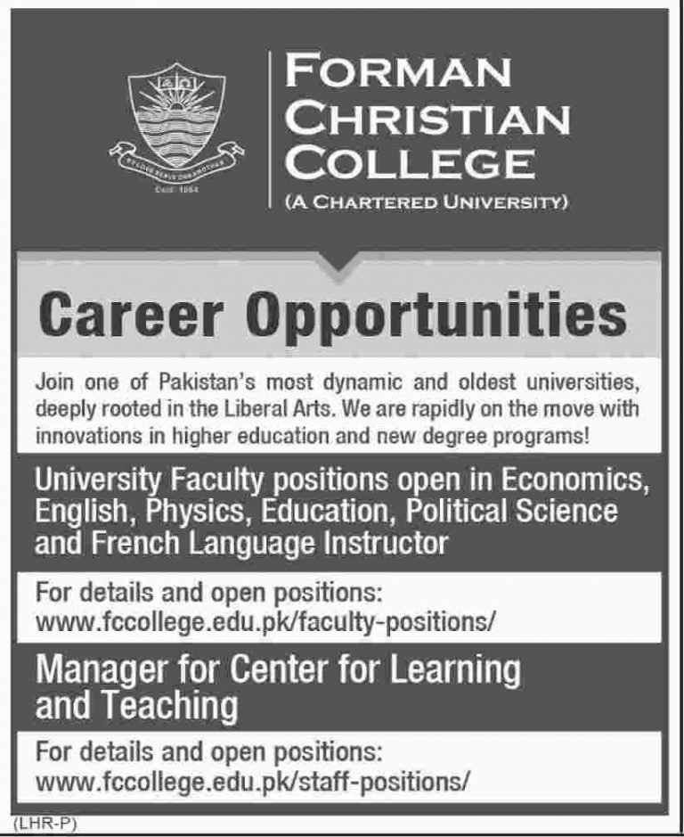 Forman Christian College Jobs 2019 for Teaching Faculty