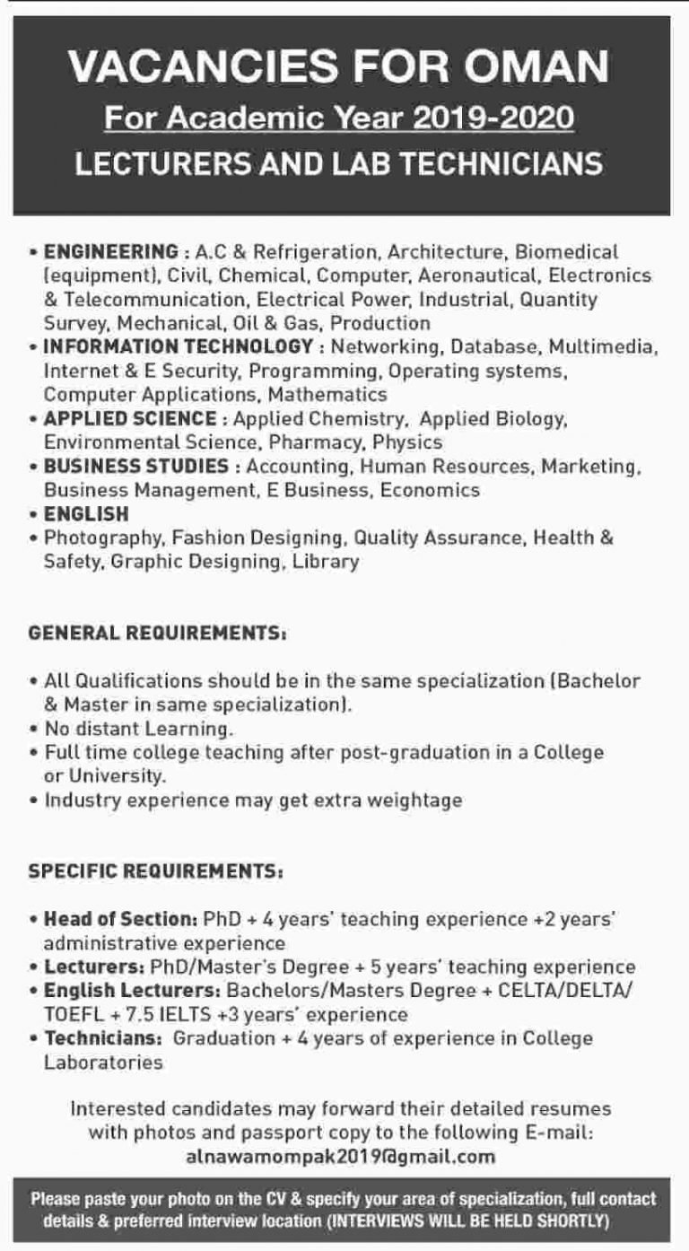 Lecturers & Lab Technicians Jobs Announced in Oman – Pakistani Nationals Apply Now