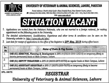 UVAS Lahore Jobs 2019 For Assistant Registrar, Deputy Treasurer and Director Posts