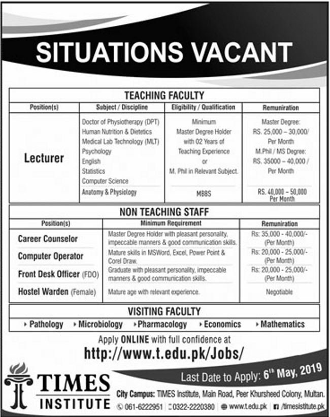 Times Institute Multan Jobs 2019 For Teaching & Non-Teaching Staff