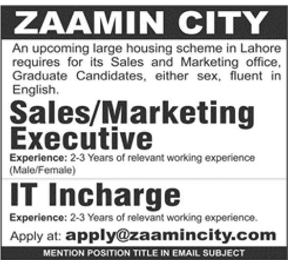 Zaamin City Jobs 2019 For Sales/Marketing Executive & IT Incharge