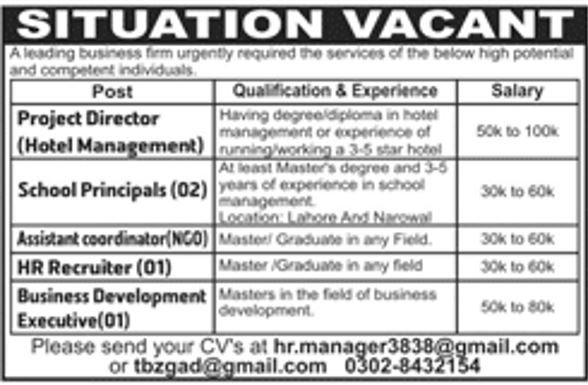 Lahore Business Firm Jobs 2019 For HR Recruiter, BDE, Assistant Coordinator, School Principals & Project Manager