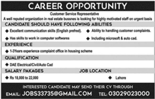 Lahore Real Estate Organization Jobs 2019 For Customer Service Representative