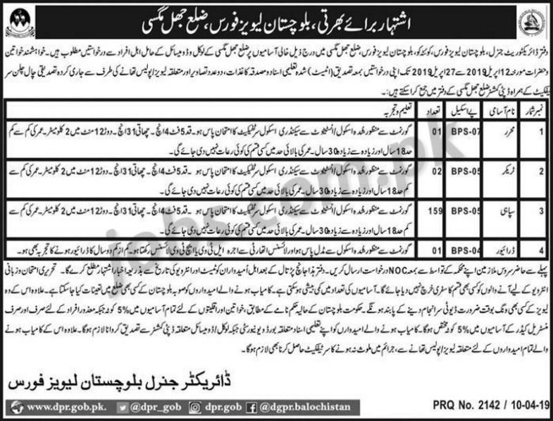 Levies Force Jobs 2019 for 163+ Sipahi, Trackers, Muharrar & Driver Posts (Jhal Magsi)