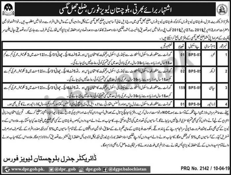 Levies Force Jobs 2019 for 163+ Sipahi, Trackers, Muharrar & Driver Posts (Jhal Magsi)