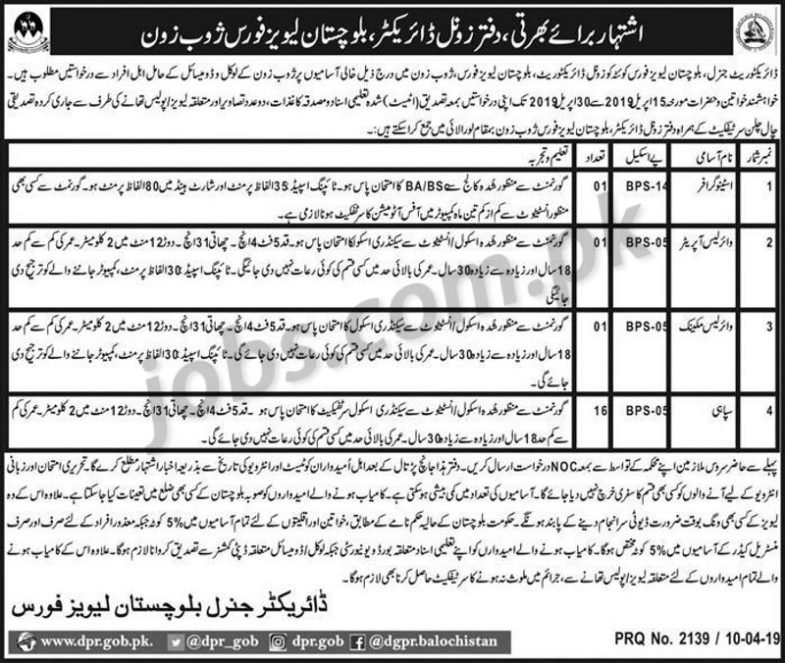 Levies Force Jobs 2019 for 19+ Sipahi, Stenographer, Wireless Operator & Mechanic Posts (Zhob)