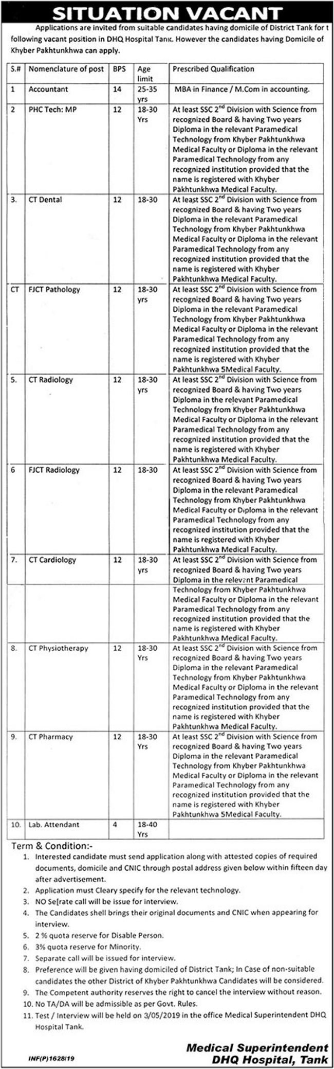 DHQ Hospital Tank Jobs 2019 for 10+ Accounts & Medical Posts