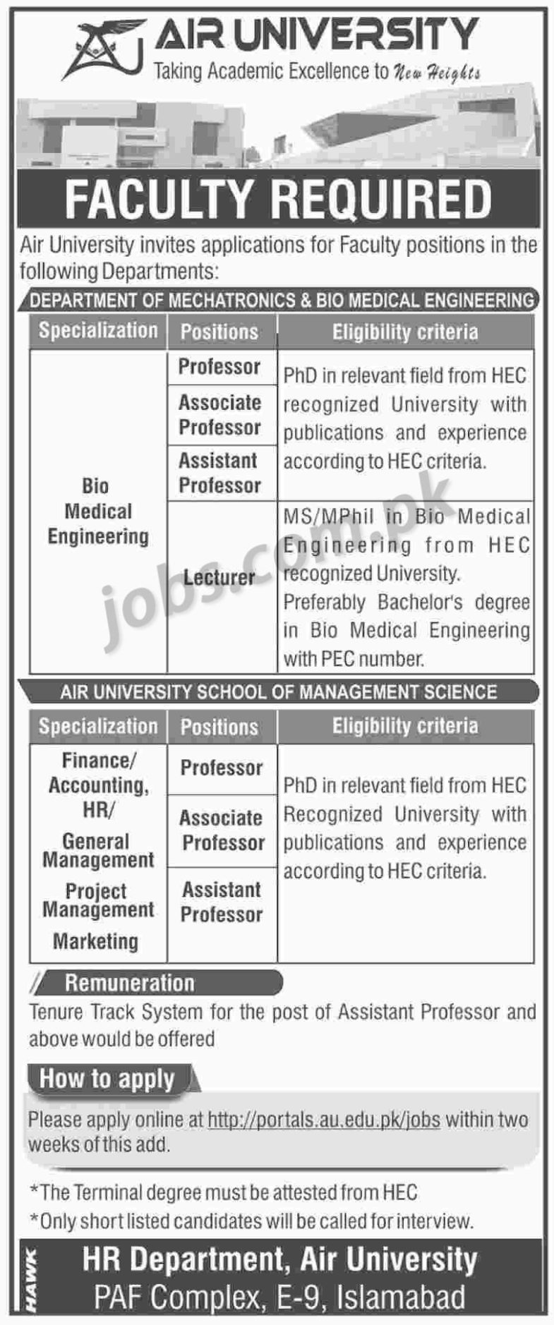 Air University Jobs 2019 for Teaching Faculty (Multiple Subjects)