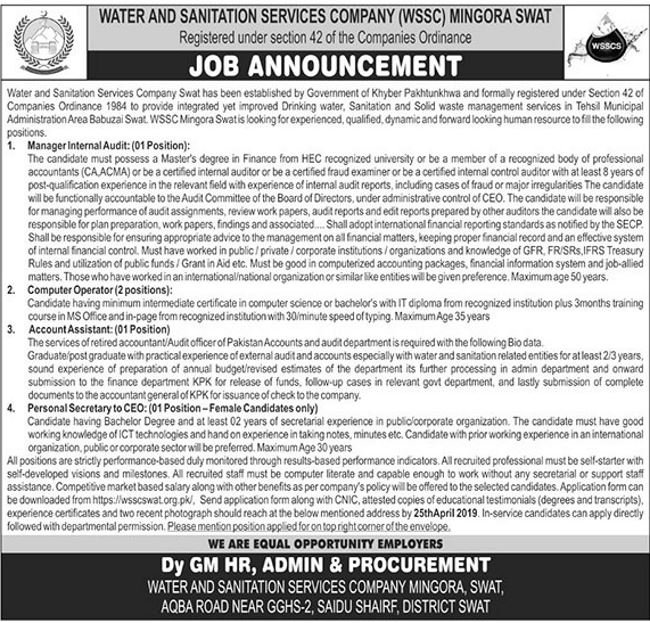 Water & Sanitation Services Company (WSSC) Swat Jobs 2019 for 5+ Computer Operators, Account Assistant, PS & Management Posts