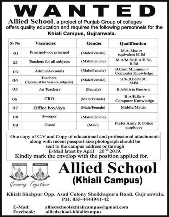 Allied School (PGC) Jobs 2019 for Admin, Accounts, CRO, Teachers & Support Staff (Gujranwala)
