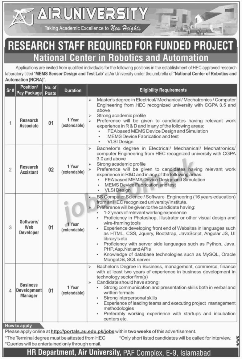 Air University Jobs 2019 for IT, Business Development & Research Staff