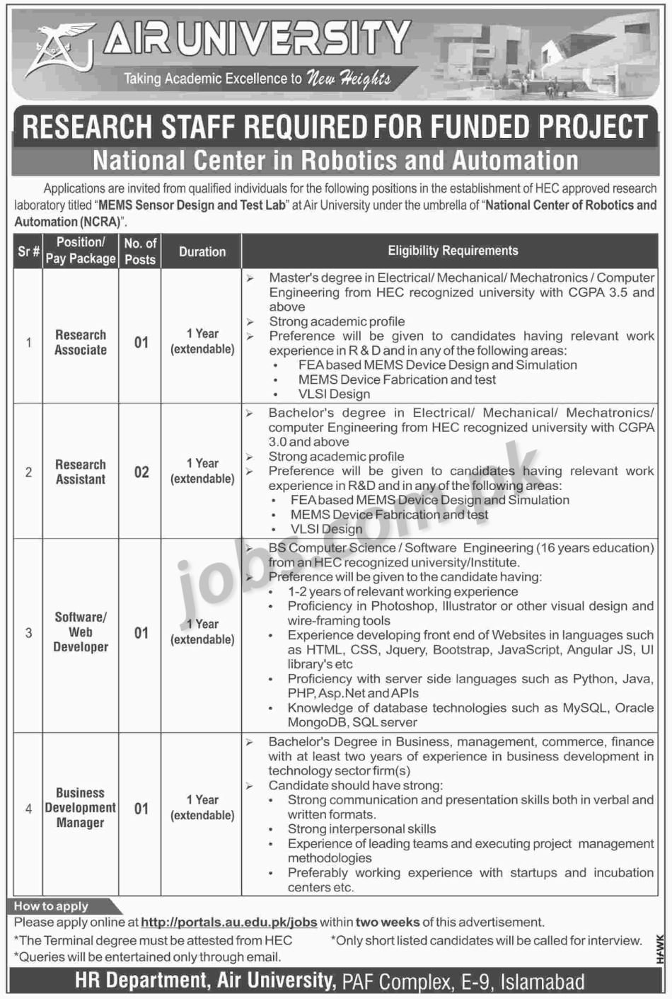 Air University Jobs 2019 for IT, Business Development & Research Staff