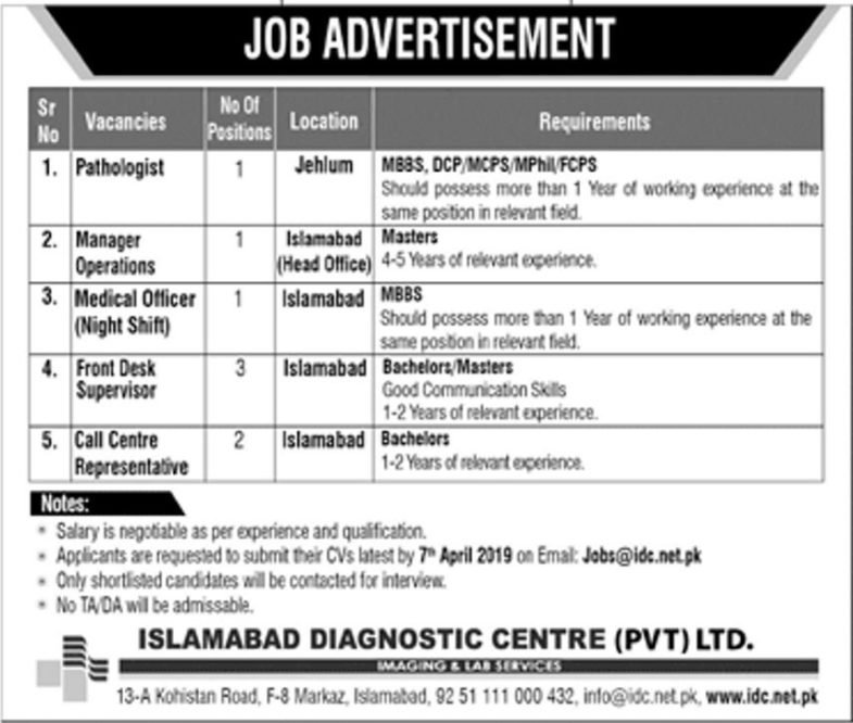 Islamabad Diagnostic Centre Jobs 2019 for 8+ Call Centre Representatives, Front Desk Supervisors, Medical Officers & Other Posts