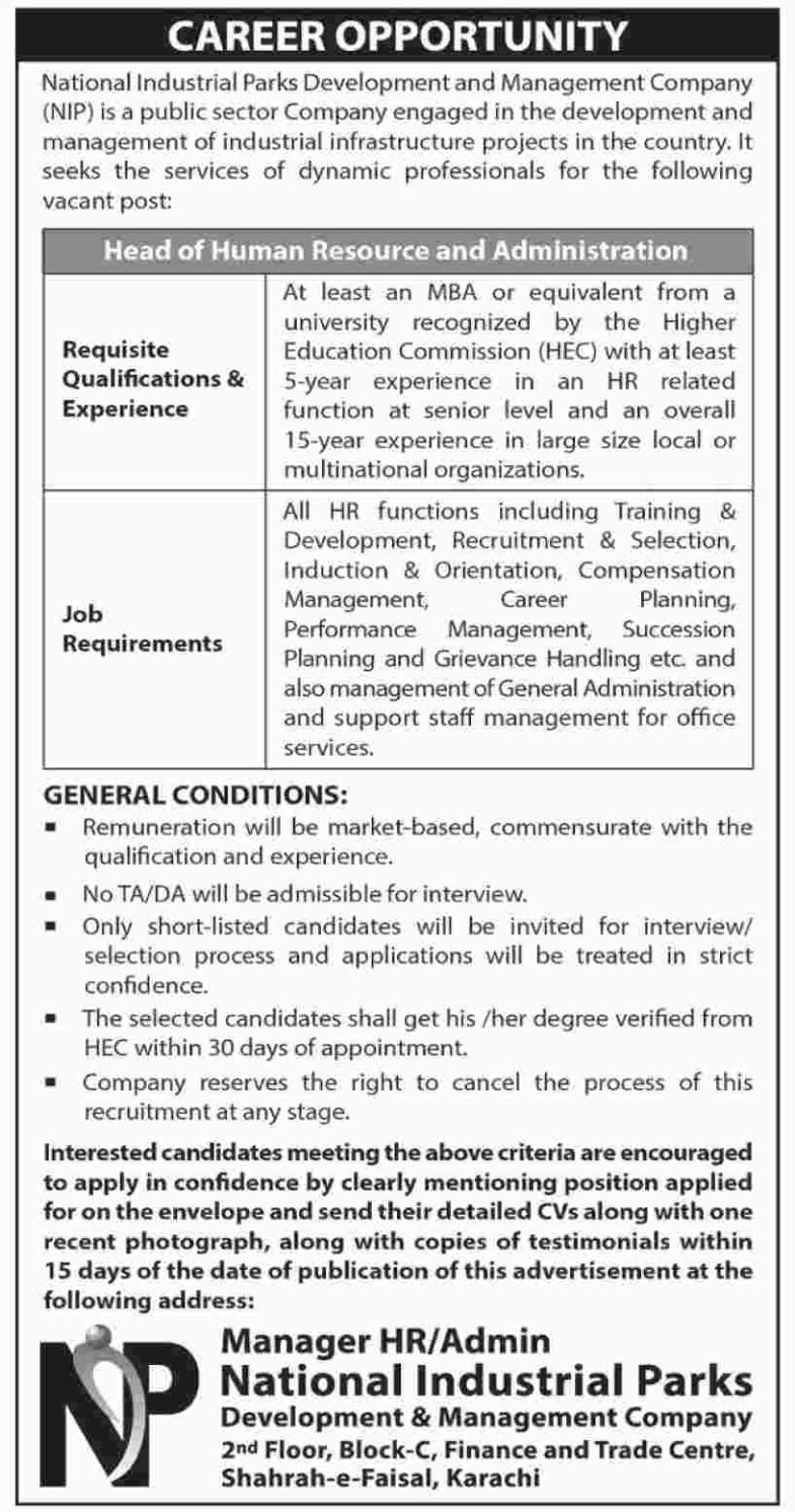 National Industrial Parks Development & Management Company (NIP) Jobs 2019 for HR/Admin Head