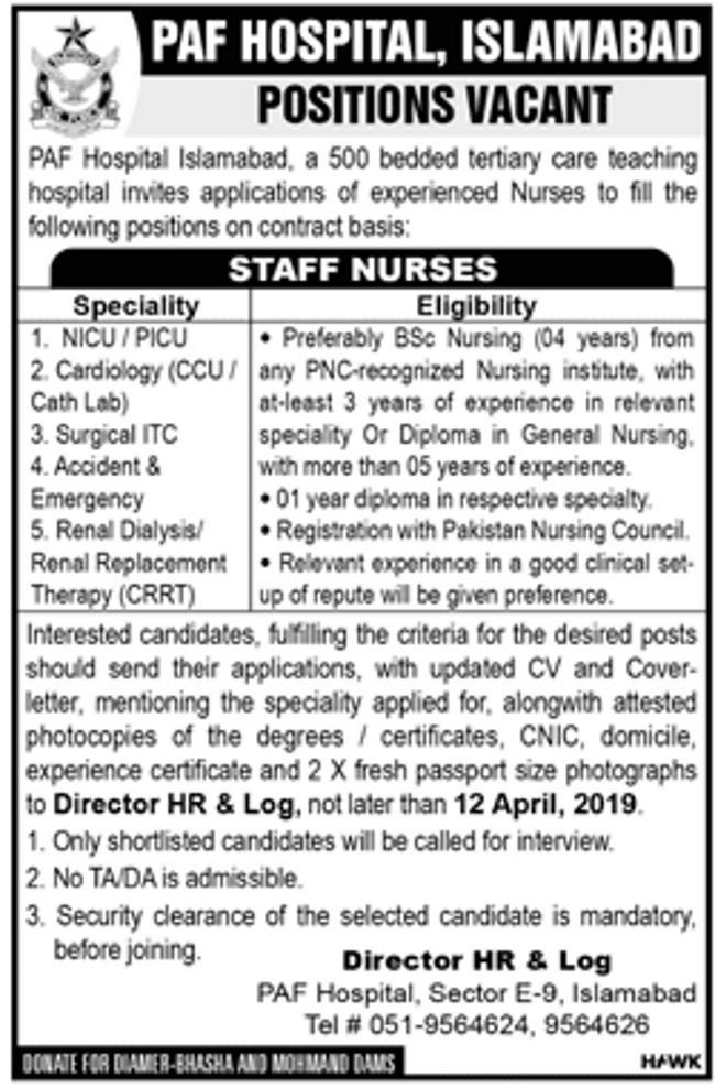 PAF Hospital (Islamabad) Jobs 2019 for Staff Nurses