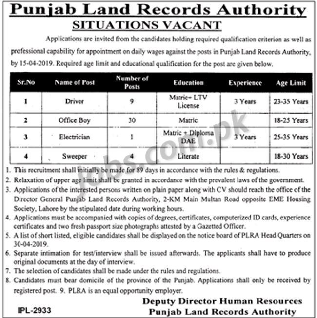 Punjab Land Records Authority (PLRA) Jobs 2019 for 44+ Drivers, Office Boys, DAE/Electrician and Sweeper Posts
