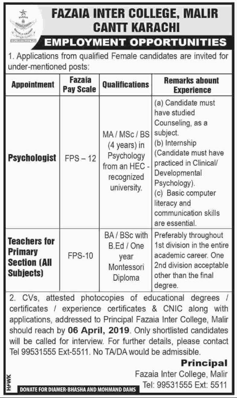 Fazaia Inter College Karachi Jobs 2019 for Psychologist and Teachers